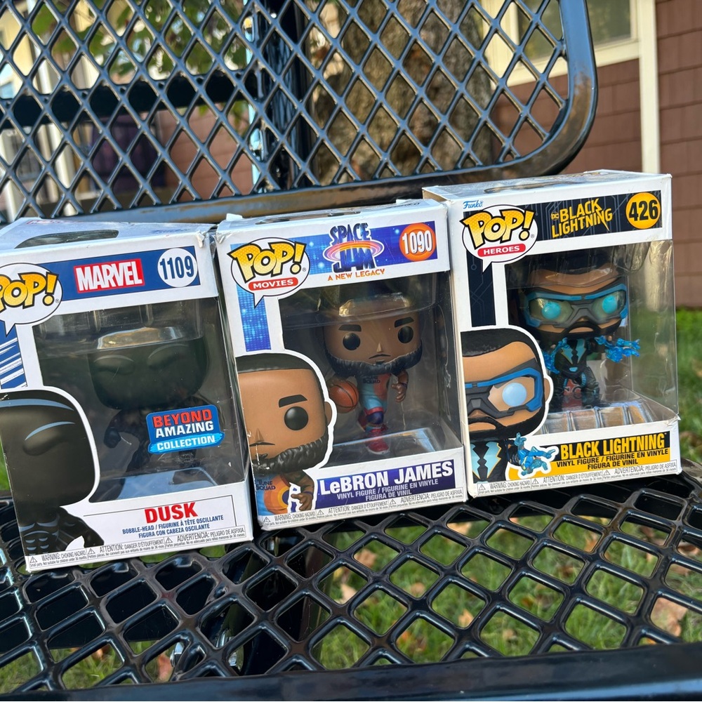 Funko Pop Marvel, Space Jam, and Black Lightning Figures - Black, Blue, Yellow